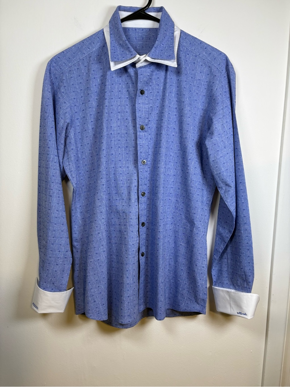 Men's Blue Contrast-Collar Dress Shirt with White Trim